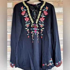 Johnny Was Women’s Tie Neck Floral Embroidered Black Long Sleeve Top S